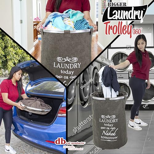 dbest products Bigger Laundry Trolley 360 Rolling Hamper Basket on wheels Bag Cart Large Capacity with Removable Liner for Dirty Clothes Drawstring Cover 4 Swivels, Brown - color: Brown, size: Bigger Swivel Wheels