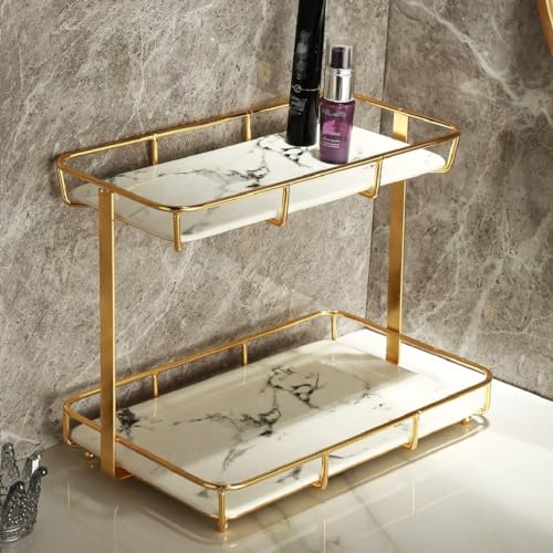 Bathroom Organizer Countertop Perfume Organizer Makeup Organizer Cosmetics Storage Display Rack Vanity Tray Dresser Stainless Steel Gold Shelf White Marble Ceramic Tray - color: 2 Tier L-gold