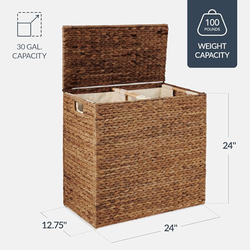 Best Choice Products Large Double Laundry Hamper with Lid, Natural Handwoven Water Hyacinth, 2 Sections w/ 2 Machine Washable Linen Liner Bags, Portable, Handles - Chestnut - color: Chestnut