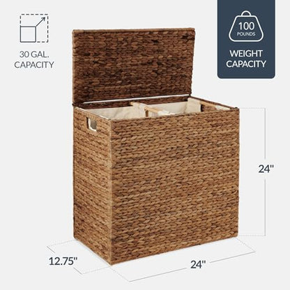 Best Choice Products Large Double Laundry Hamper with Lid, Natural Handwoven Water Hyacinth, 2 Sections w/ 2 Machine Washable Linen Liner Bags, Portable, Handles - Chestnut - color: Chestnut
