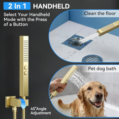 Brushed Gold Shower System with Body Jets, STARBATH 12 Inch Rainfall Shower System and 2 in 1 Handheld Spray Shower Jets System in Wall, Complete Wall Mounted 3 Way Shower Faucet Set with Valve Kit - color: Gold, size: 12"-03