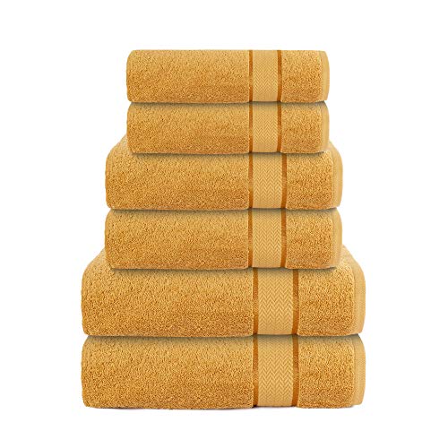 6 Piece Cotton Bath Towel Set - 2 Bath - 2 Hand - 2 Face, Gold | 100% Cotton • Thick & Plush • Hotel Quality • Ultra Soft • Highly Absorbent • Quick Dry • Low Lint • Machine Washable - color: Golden