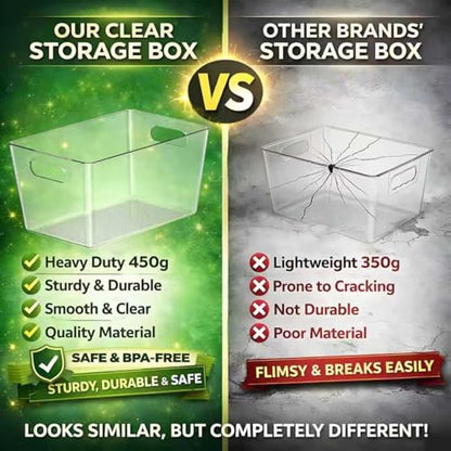 6 Pack Large Clear Plastic Storage Bins, Kitchen &Pantry Organizer | Heavy-duty 450g BPA-free PETG containers with handles for fridge, under-sink, bathroom, office, closet, and garage storage - size: 6 Large & 0 Small