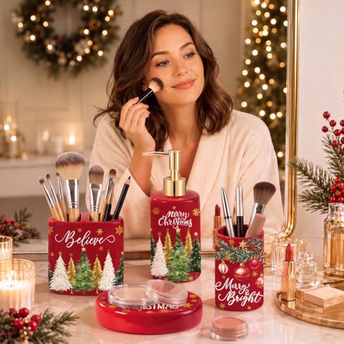 4 Pcs Christmas Ceramic Bathroom Accessories Gifts Xmas Tree Bath Tumbler Soap Dispenser Toothbrush Holder Soap Tray Merry Xmas Bathroom Decorations(Red Merry Christmas) - style: Red Merry Christmas