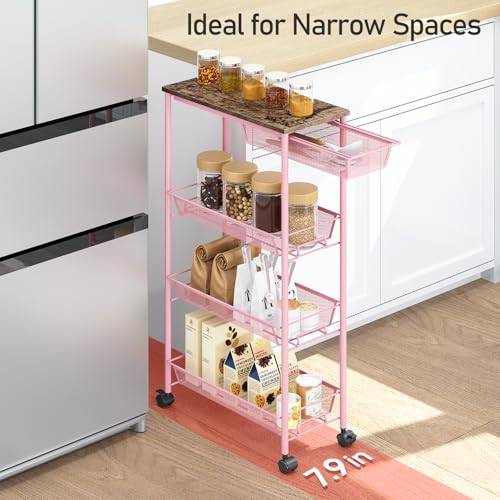 KINGRACK 4-Tier Slim Storage Cart, Metal Rolling Cart, Organizer with Wooden Tabletop and Drawer Basket, Mobile Shelving Unit for Kitchen, Bathroom, Laundry Room, Pink - color: Pink
