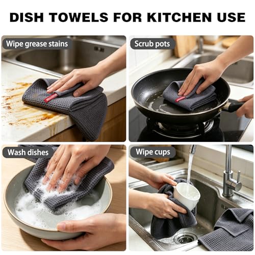 QUILTINA Kitchen Dish Cloths 6 Pack, 12 x 12 Inches, 100% Cotton Waffle Weave Dish Towels, Super Absorbent Quick Drying, Darkgrey - color: Dark Grey, size: 12 x 12 - 6 Pack
