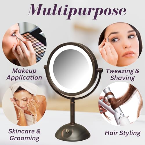JERDON Lighted Makeup Mirror with 8X Magnification - Bronze - HL8808BZL | Two-Sided 1X View, 8.5" Round Frame, 16" Tall, LED Lighting - color: Bronze
