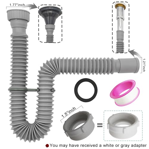 Flexible Expandable Bathroom P Trap, 1 1/4 to 1 1/2 Sink Drain Adapter Included, Wash Basin Rubber Tips Sink Drain Pipe, Universal Extension Tube for Kitchen Bathroom Sink Sewer Drain - color: Gray