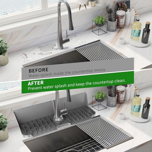 17” x 5.5” Silicone Faucet Handle Drip Catcher Tray Mat, Silicone Faucet Mat Dish Soap Sponge Holder for Kitchen Sink, Drying Mat for Kitchen Counter Bathroom Kitchen Sink Splash Guard - Grey - size: 17” Grey