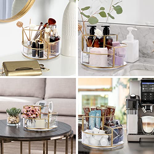 Hipiwe 360° Rotating Makeup Organizer 3-Slot Gold Glass Vanity Holder | Round Spinning Cosmetic Display Case Dresser Bathroom Organizers for Prefume Makeup Bushes Lipsticks Storage - style: Round,3-Slot