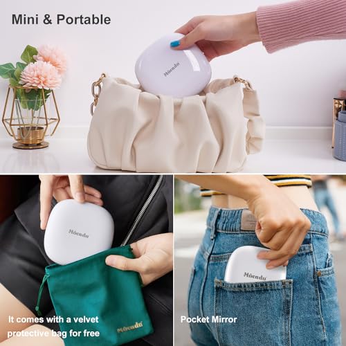 Mocado Compact LED Magnifying Travel Makeup-Mirror - 4 inches 1X/10X Magnification Small Hand Pocket Dimmable Double Sided USB Rechargeable Touch Screen, Portable Tabletop Cosmetic (White) | Double Sides Lighted, 3 Colors Lighting, 0-100% Brightness, Diam