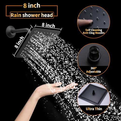 AYIVG Square 304 Stainless Steel 8 Inch Wall Mount Rain Shower Head with Shower Arm and Flange, Matte Black - color: Matte Black