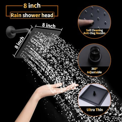 AYIVG Square 304 Stainless Steel 8 Inch Wall Mount Rain Shower Head with Shower Arm and Flange, Matte Black - color: Matte Black