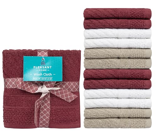 PH Pleasant Home Diagonal Wash Cloths Set - 12 Pack (12” x 12”) – 509 GSM - 100% Ring Spun Cotton Wash Cloth - Super Soft and Highly Absorbent Face Towels (Maroon, White & Tan) - color: Maroon, White & Tan, style: Diagonal
