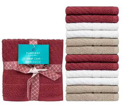 PH Pleasant Home Diagonal Wash Cloths Set - 12 Pack (12” x 12”) – 509 GSM - 100% Ring Spun Cotton Wash Cloth - Super Soft and Highly Absorbent Face Towels (Maroon, White & Tan) - color: Maroon, White & Tan, style: Diagonal