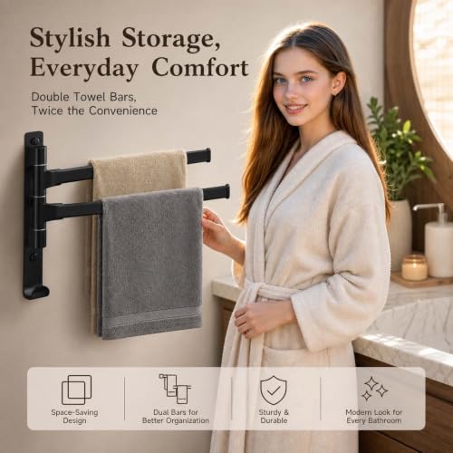 2-5 Arms Swivel Towel Rack Bath Towel Holder with Hook Swing Arm Towel Rack Wall Mount for Bathroom Kitchen-Black 2Arm - color: Black, size: 2-arm