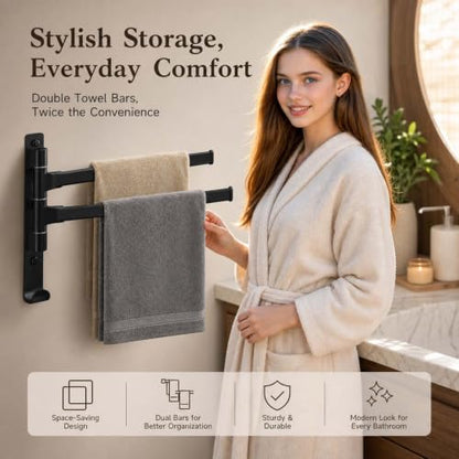 2-5 Arms Swivel Towel Rack Bath Towel Holder with Hook Swing Arm Towel Rack Wall Mount for Bathroom Kitchen-Black 2Arm - color: Black, size: 2-arm