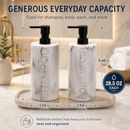 Marble Resin 2 Piece Shampoo and Body Wash Dispenser Set, Luxurious Refillable Pump Bottles with Matte Pump Top and Embossed Text, Durable Design for Bathroom and Shower - color: 2pack Marble Shampoo and Body Wash Set