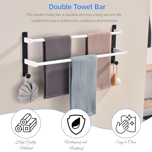24-Inch Double Towel Bar with Hooks, Stainless Steel Towel Rod - Bathroom Wall Mounted Towel Hanger, White & Black - color: Black & White, size: 24-Inch