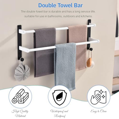 24-Inch Double Towel Bar with Hooks, Stainless Steel Towel Rod - Bathroom Wall Mounted Towel Hanger, White & Black - color: Black & White, size: 24-Inch