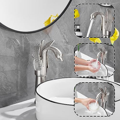 Brushed Nickel Swan Shape Single Handle 1Hole Bathroom Vessel Sink Faucet Deck Mount Lavatory Sink Faucet - color: Brushed Nickel, size: Tall