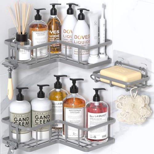 Corner Shower Caddy Adhesive, 100% Rustproof Shower Organizer with Soap Holder, No Drill Shower Shelf for Inside Shower, Wall-Mounted Shower Storage for Homes (3 Pack, Grey) - color: Grey