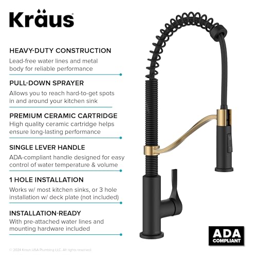 KRAUS Torak Pull Down Kitchen Faucet in Spot-Free Brushed Brass/Matte Black with Commercial Style Spring Spout, 2 Function Sprayer, Pre-Attached Water Lines, and Mounting Hardware, KPF-2635SFBBMB - color: Spot Free Brushed Brass/Matte Black, style: Commer