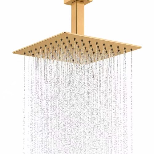 Rainfall Shower Head, BSTIIU 12 Inch Square Shaped Rain Shower Head, Ultra Thin Stainless Steel Ceiling or Wall Mounted Showerheads, Brushed Brass Gold - color: Brushed Brass Gold, size: 12-Inches, style: Square