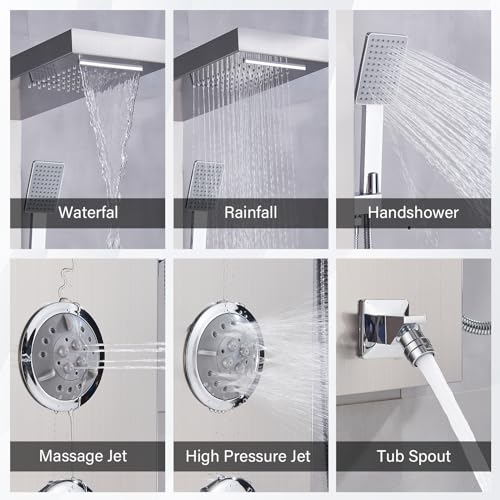 AlenArt Shower Panel Massage Jets Rainfall Waterfall Shower Head, Shower Stainless Steel Wall Mount Massage Multi-Function Bathroom Shower Panel Tower System, Brushed Nickel…… - color: Brushed Nickel