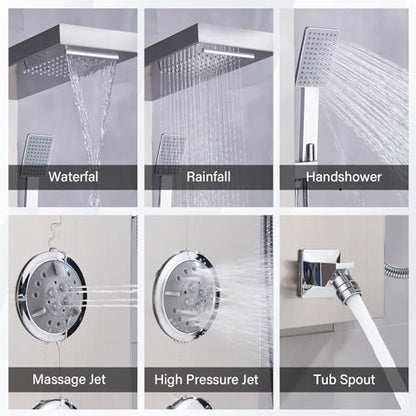 AlenArt Shower Panel Massage Jets Rainfall Waterfall Shower Head, Shower Stainless Steel Wall Mount Massage Multi-Function Bathroom Shower Panel Tower System, Brushed Nickel…… - color: Brushed Nickel