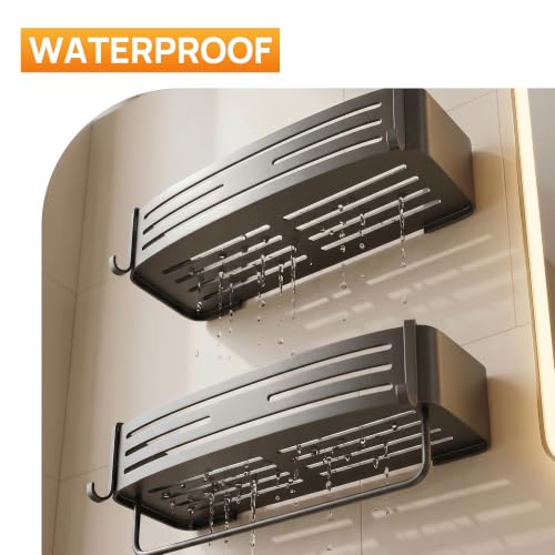 Gun Grey Adhesive Square Shower Caddy with Towel Bar, Soap Dish and Hooks | No-drill gun grey shower basket with towel bar, soap dish and hooks for smooth tile, glass and stainless steel bathroom walls - color: grey gun