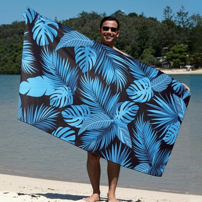 Oversized Microfiber Beach Towel Thin, Blue Black Palm Leaf Double Sided Towel 1PC, Large Soft Sand Free Quick Dry Swim Compact Towels for Men Women Adults, Summer Swim Lake Pool Beach Bath, 35"x71" - style: Blue Black Palm Leaf