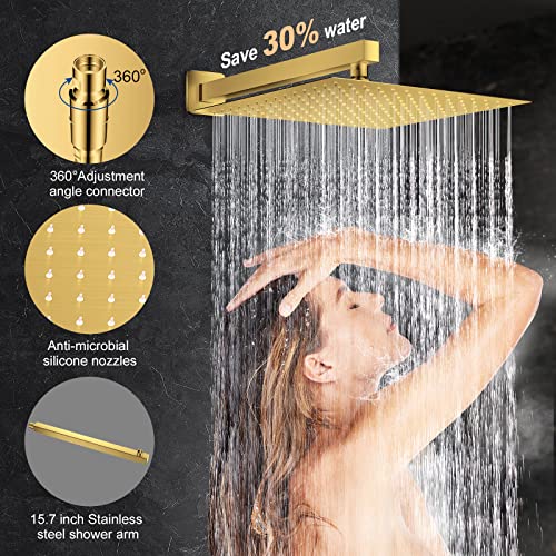 JOMEOO® 12 Inch Brushed Gold Shower System, Wall Mounted High Pressure Rain Shower Head with Handheld Sprayer, Bathroom Luxury Gold Shower Head Shower Faucet Set Rough in Valve Body and Trim - color: Brushed Gold