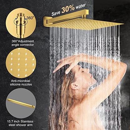 JOMEOO® 12 Inch Brushed Gold Shower System, Wall Mounted High Pressure Rain Shower Head with Handheld Sprayer, Bathroom Luxury Gold Shower Head Shower Faucet Set Rough in Valve Body and Trim - color: Brushed Gold