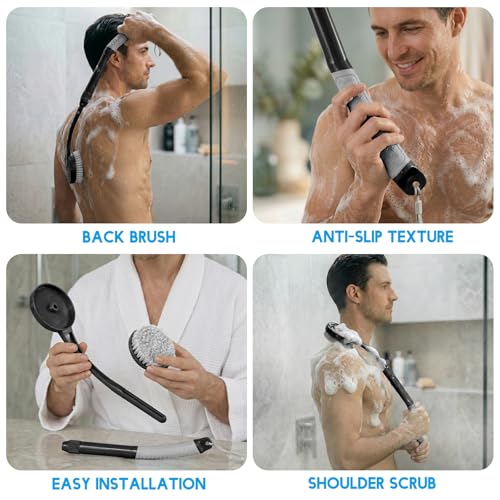 Back Scrubber for Shower, Long Handle Bath Brush with Soft Bristles, Adjustable Shower Brush for Body Exfoliating & Dry Brushing, Non-Slip Ergonomic Handle, Removable Head for Men & Women