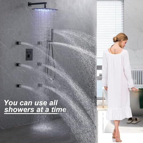 Enga Thermostatic Shower Jets System (Run All Features At Once), 12 Inch LED Rain Shower Wall Mounted with 6 Body Spray Jets and Handheld Shower, Contain Brass Thermostatic Shower Valve, Matte Black - color: Black, style: Wall Mount-6 Jets