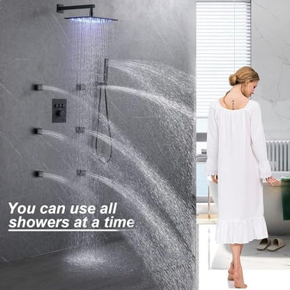 Enga Thermostatic Shower Jets System (Run All Features At Once), 12 Inch LED Rain Shower Wall Mounted with 6 Body Spray Jets and Handheld Shower, Contain Brass Thermostatic Shower Valve, Matte Black - color: Black, style: Wall Mount-6 Jets