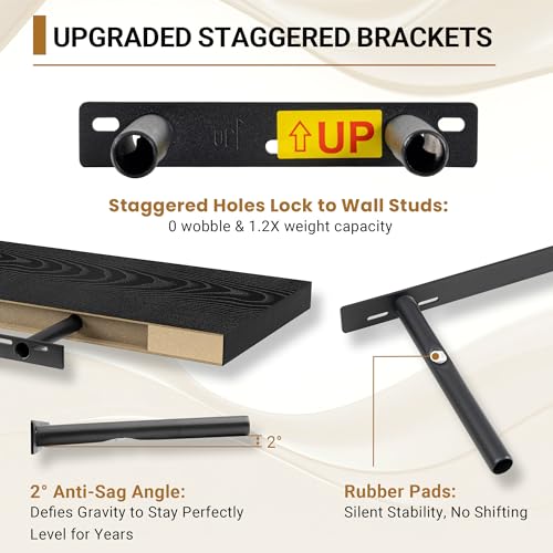 Vivelove Black Floating Shelves, 12 X 12 Inches Deep, Set of 2 | Invisible Brackets, Easy Mount Shelf with Hardware Kit, for Bathroom Bedroom Living Room Kitchen, Engineered Wood - color: Black, size: 12”wx12”dx1.5”h