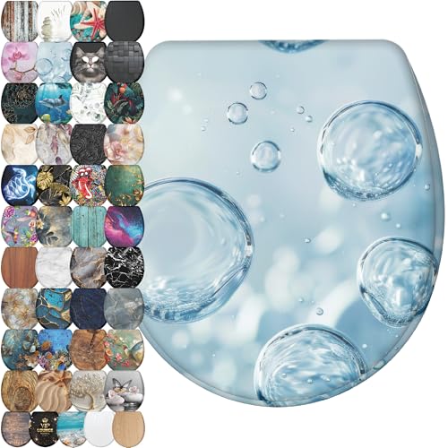 Sanilo Wooden Toilet Seat with Quick Release & Soft Close [ROUND] - Decorative & Slow Close Molded Wood Seat - With One Click for Easy Installation & Cleaning - With Adjustable Fit (Bubbles) - color: Bubbles
