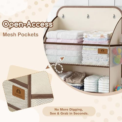 Baby Nursery Over The Door Organizer, 10 Pocket Hanging Storage | Removable Diaper Caddy & 3 Sturdy Hooks, 55LBS Capacity Baby Essentials Holder for Bathroom Bedroom Closet, Beige