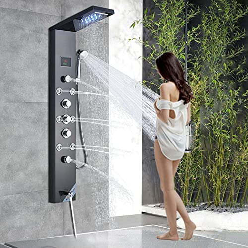 LED Rain Shower Panel Tower System Rainfall Waterfall Massage Body Jets Kit Faucet Black A