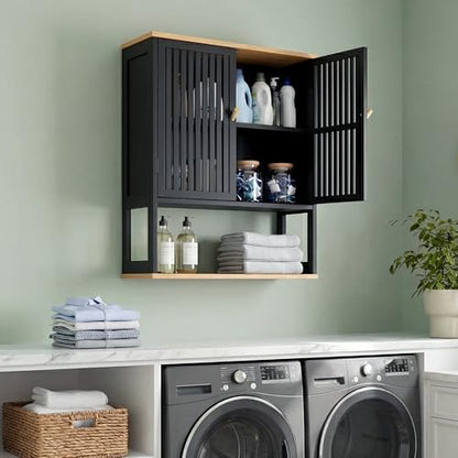 Bathroom Wall Cabinet with Bamboo Doors, 24 x 30 Inch, Black | Above-toilet medicine cabinet with an adjustable shelf, open bottom shelf, and French cleat mount. - color: Black-1, size: 24x30