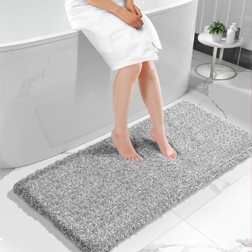 Yimobra Luxury Bathroom Rugs, Fluffy Bath Mats, Non Slip, Water Absorbent Microfiber, Machine Washable, Plush Runner Shower Rugs, Thick Matts for Bathroom Floor&Tub, 60" X 24", Light Gray and White - color: Light Gray and White, size: 60" X 24"