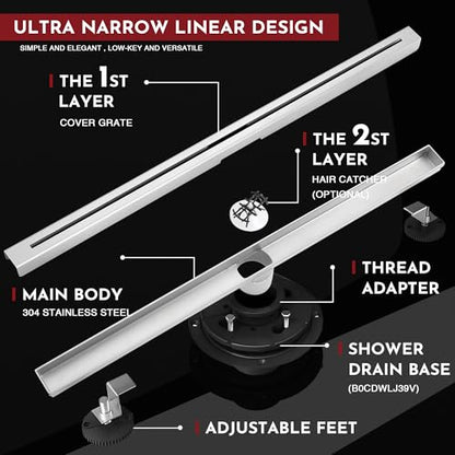 24 Inch Ultra Narrow Linear Shower Drain, Brushed Nickel Extra Slim Shower Drain, 304 Stainless Steel, Easy to Install and Clean for Bathrooms (Drain Base Not Included), LSDE8-31A-24S - color: Brushed Nickel, size: 24 Inch
