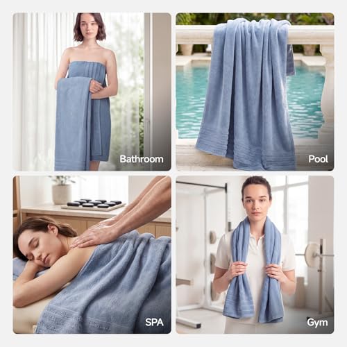 ecolook Soft Bath Towels 2 Pack, 100% Cotton Ultra Absorbent & Quick-Drying | Luxury Lightweight with Hanging Loop, Blue towels for Bathroom Shower Gym Travel - color: Light Blue