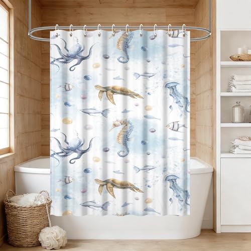 Yeele Ocean Creatures Watercolor Shower Curtain, Turtle Octopus Blue Print Shower Curtain, Waterproof Machine Washable Fabric Bath Curtain 54x72 Inch with Grommets and Hooks - color: Blue 1, size: 54"Wx72"L