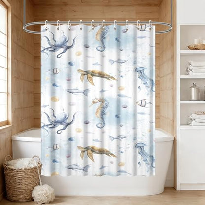 Yeele Ocean Creatures Watercolor Shower Curtain, Turtle Octopus Blue Print Shower Curtain, Waterproof Machine Washable Fabric Bath Curtain 54x72 Inch with Grommets and Hooks - color: Blue 1, size: 54"Wx72"L
