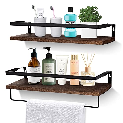 AGM Floating Shelves, 16.5 Bathroom Floating Shelf Set of 2, Carbonized Black Wall Storage Shelf with Towel Bar, Wall Mounted Shelves for Plants, Book, Bedroom, Kitchen, Living Room Decoration - color: 1-dark Brown+towel Bar