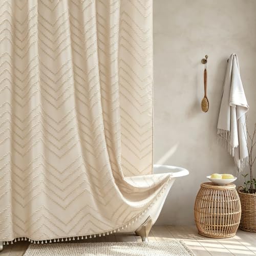 Siiluminisoy Boho Farmhouse Shower Curtain Woven Fabric Cute Beige Shower Curtain, 72 x 72 Tufted Chevron Textured Striped Modern Farmhouse Minimalist for Bathroom - color: A Beige, size: 72"W x 72"L (Pack of 1)