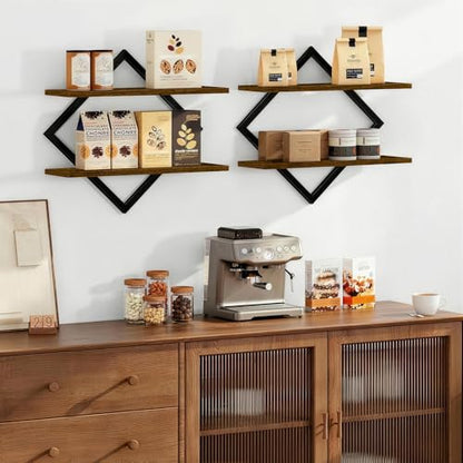 Floating Shelves for Wall, Set of 2 Wall Shelves, 2-Tier Hanging Shelve | Wood & Metal Wall Mounted Display Shelves, Decorative Wall Shelves for Living Room, Bedroom, Kitchen & Bathroom, Rustic Brown - size: 2-Pack